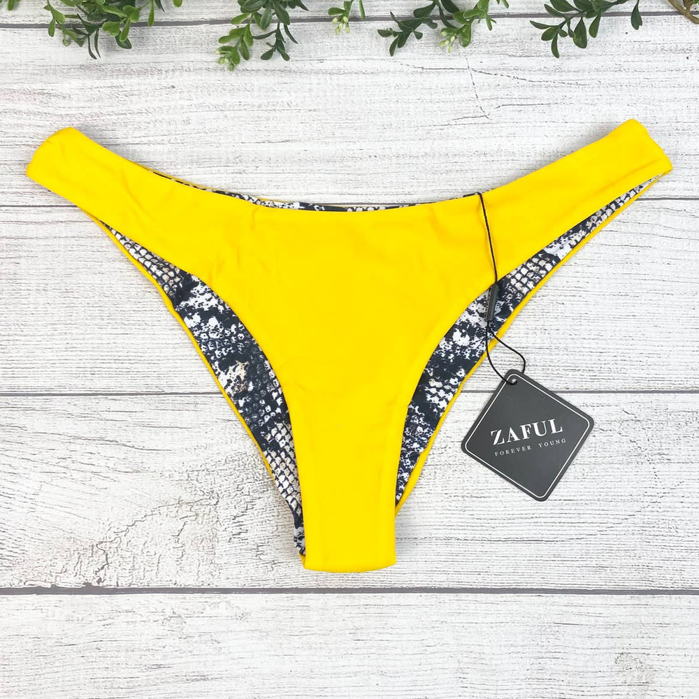 NEW Women's Yellow & Black Snake Print Reversible High Cut Thong Bikini Bottom 6